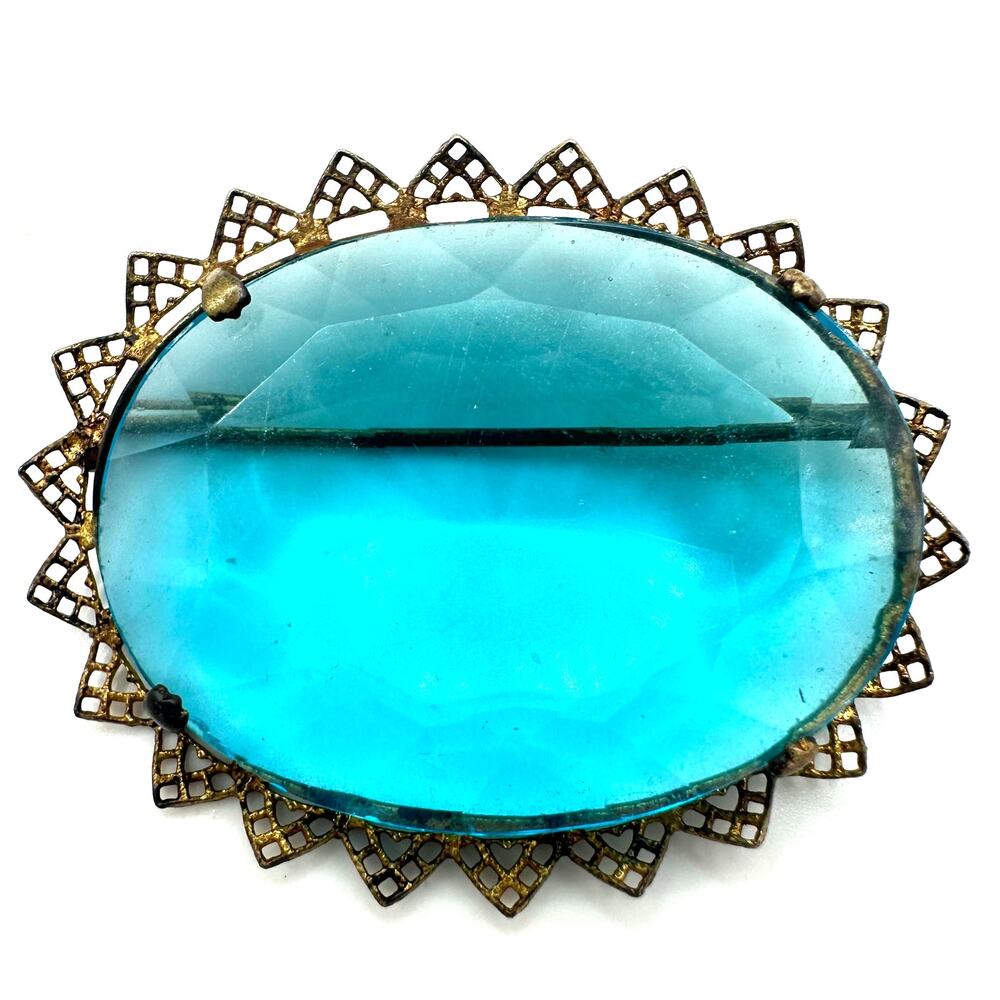 Czechoslovakia antique Art Deco 1920s aqua blue glass rhinestone brass brooch